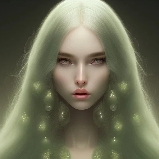 mystic woman with Châtain long hair, dark fantasy setting, ethereal, soft lighting, soft green eyes