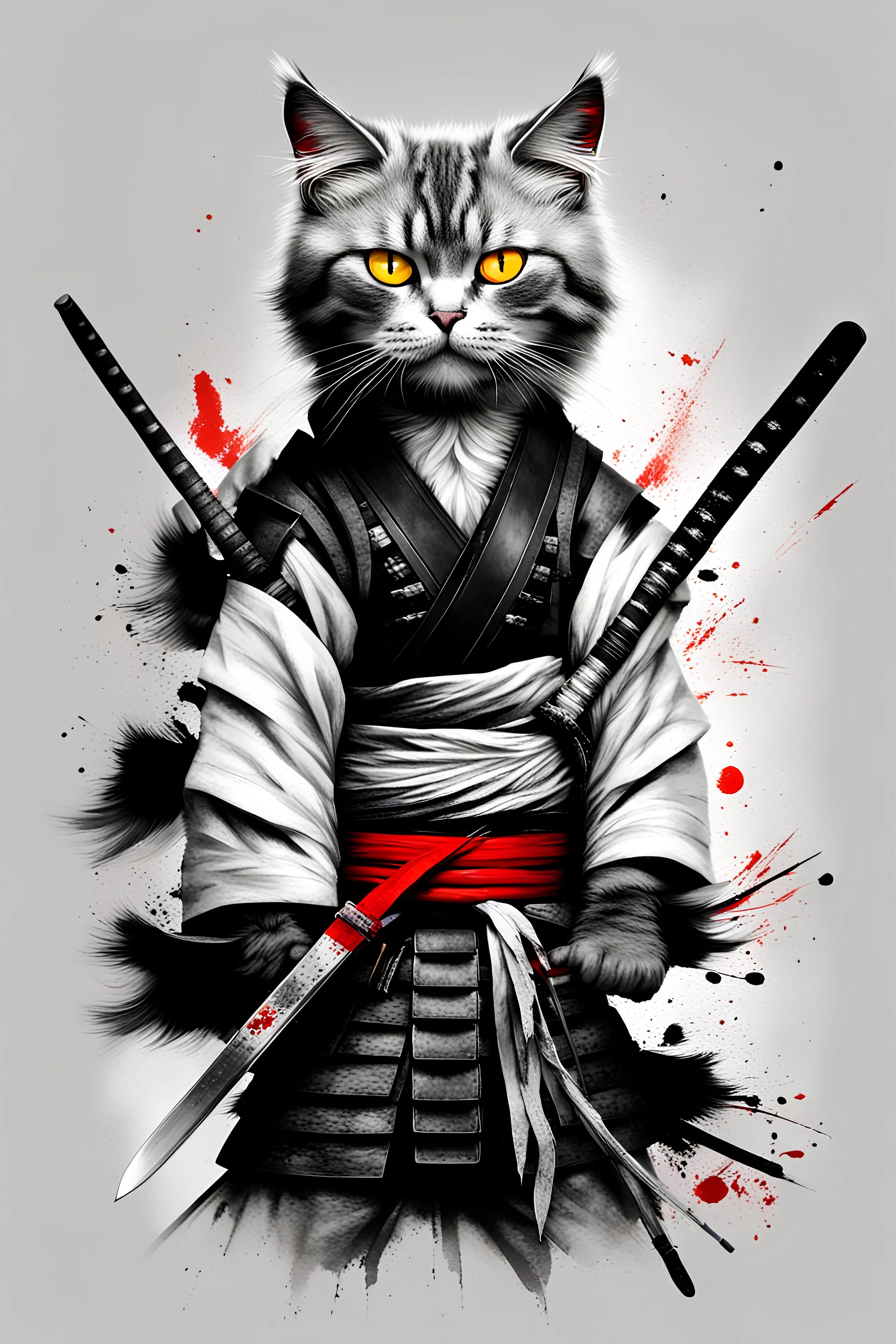 samurai-cat, katana on belt, yellow eyes, black and white picture, black and red smudges --v 4
