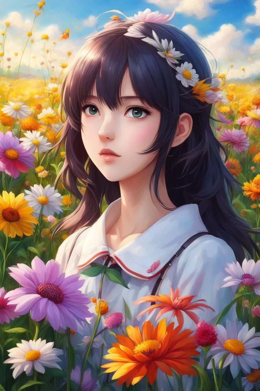 a girl standing in a field of flowers, medium view face, beautiful anime portrait, realistic anime art style, beautiful anime art style, realistic cute girl painting, beautiful anime art, stunning anime face portrait, high quality, 4k