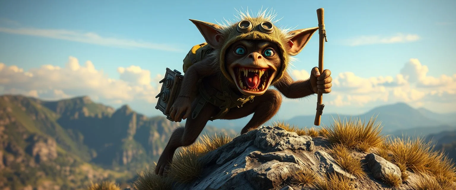 the coolest sassy bugbear gremlin explorer climbing a hill with crazy swag in the style of fallout 4