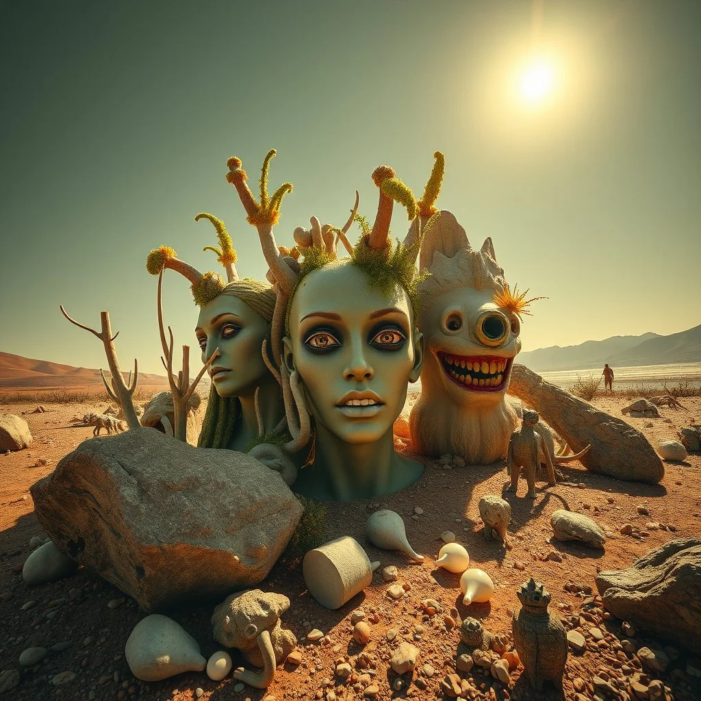 A striking photograph captures a sub-paracosm from a phantasmagorical universe made of glossy organic material, human statues, with group of plants and animals, eyes, teeth, figures, adorned with glossy minerals and rocks, eerie, wasteland, Yves Tanguy style, hypnotic, intense noon-light sun, 8k, deep 3d field, strong texture, extreme detail, intricate, colours, rich moody colors