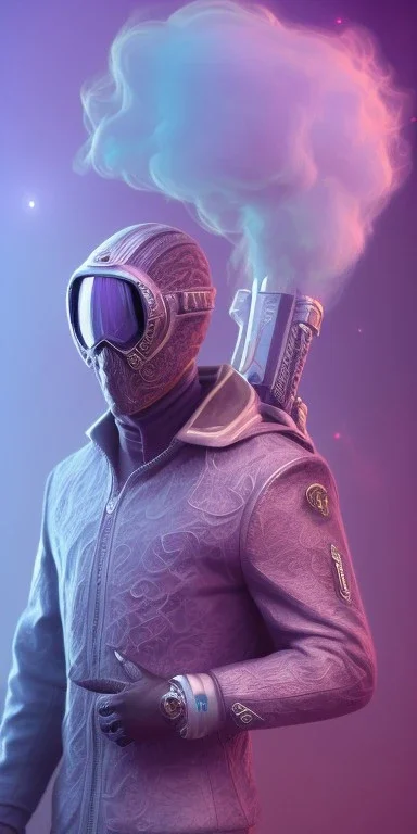 purple galaxy masked super villain, weapons in hands, teal and purple smoke, full portrait, hyper realistic, 4k