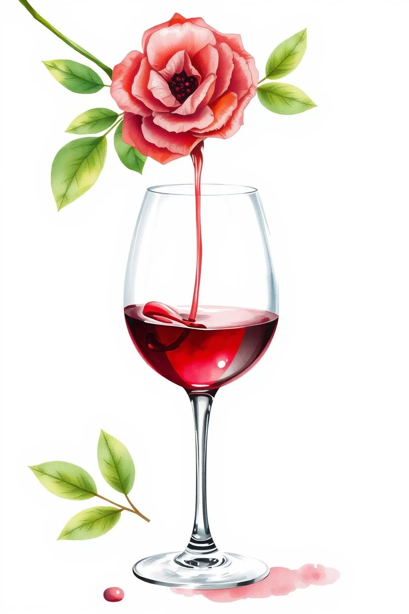 A glass of red wines , one flower painting in watercolor style. trasparent background