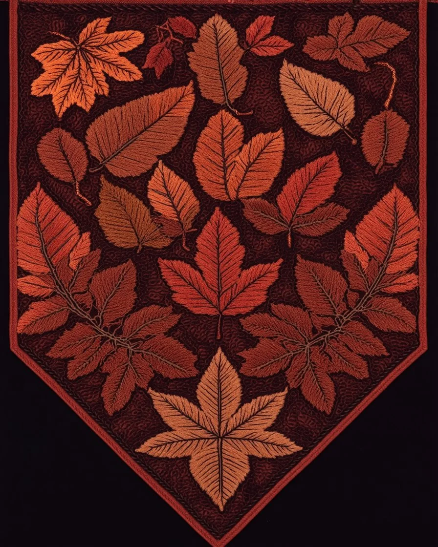 autumn colored cloth banner with embroidered ornamental leaves and filigree, using thick tread