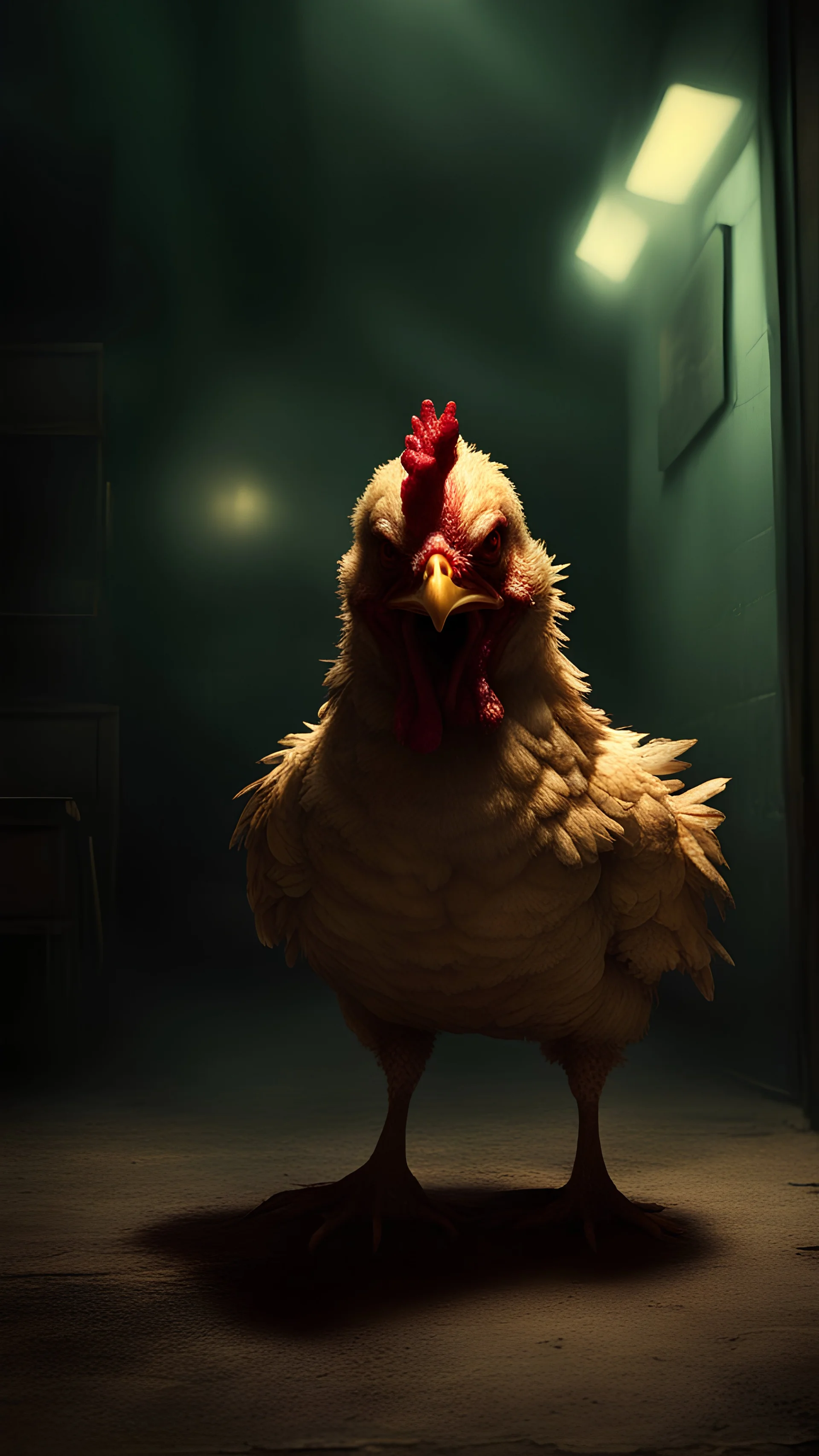 chicken monster with eerie lighting and a haunting atmosphere , photo / ultra realistic."