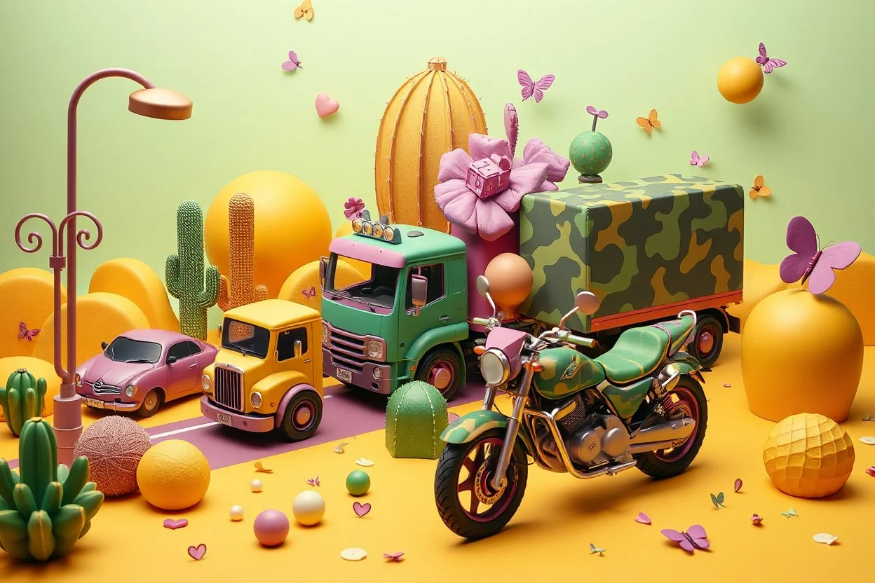 Una composizione 3D in stile surreale con una palette di colori sui toni del verde e del giallo. Max Ernst. Città dalle forme morbide e geometriche: lampioni, auto, 🐓, 🐕, camion decorativi, un cactus stilizzato, una motocicletta colorata 😈. Dettagli horror viola con motivo camouflage su uno dei camion. Piccoli elementi 🐱 decorativi come cuori, smiley e farfalle. Lo sfondo è un set massimalista con cielo verde chiaro e un’illuminazione che metta in risalto i vari oggetti