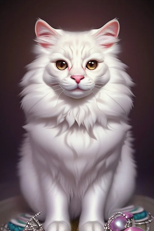 A realistic cute adorable fluffy plushy white smiling cat holding a basket of jewels and gems. His fur is realistic. The background is a romantic carpet bokeh digital painting extremely detailed studio lighting crisp quality and light reflections 8k cinematic lighting portrait photorealistic ultra detailed cinematic postprocessing focused