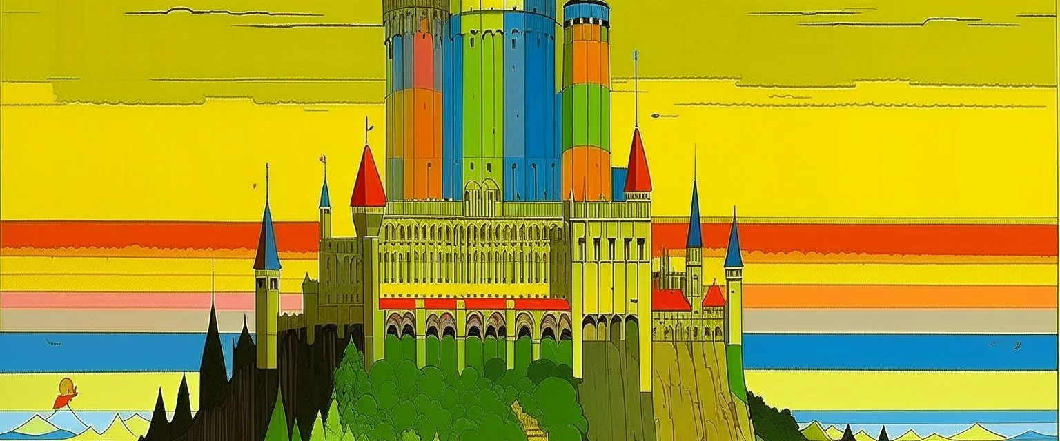 A rainbow empire with a giant castle painted by John Brack