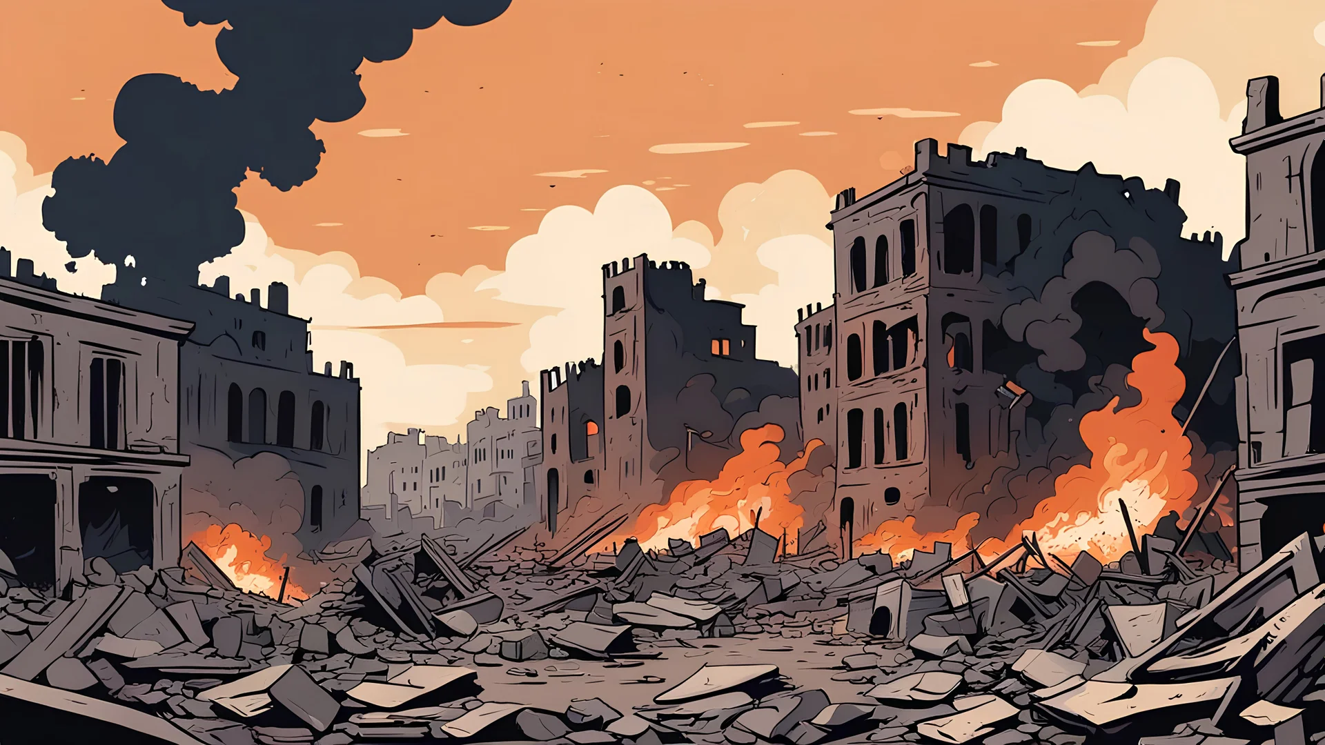 Digital painting, Bombed, burned, Old city destroyed by war, a ruined city, Vector, History, World War I,1900 AD, flat color, Vector, Illustration,