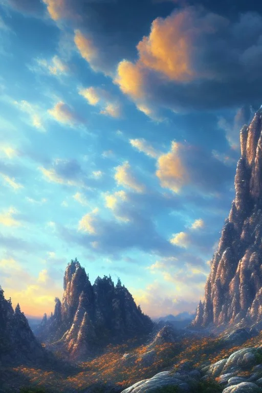 big rock mountains with and orange dawn sky with no clouds close montains anime style