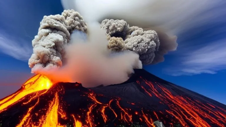 Massive volcano erupting with smoke and fire and ash