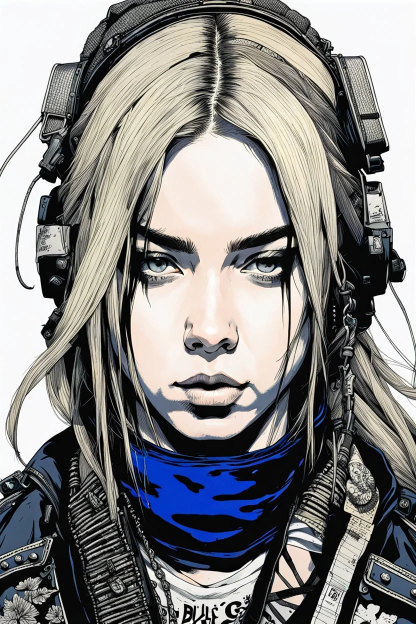 Billie Eilish as a goth punk mercenary huge girl, illustration by Yoji Shinkawa and Katsushika Hokusai, finely detailed facial features, finely drawn and inked, 4k, symmetric, hyperdetailed , obsidian and metallic blue tones