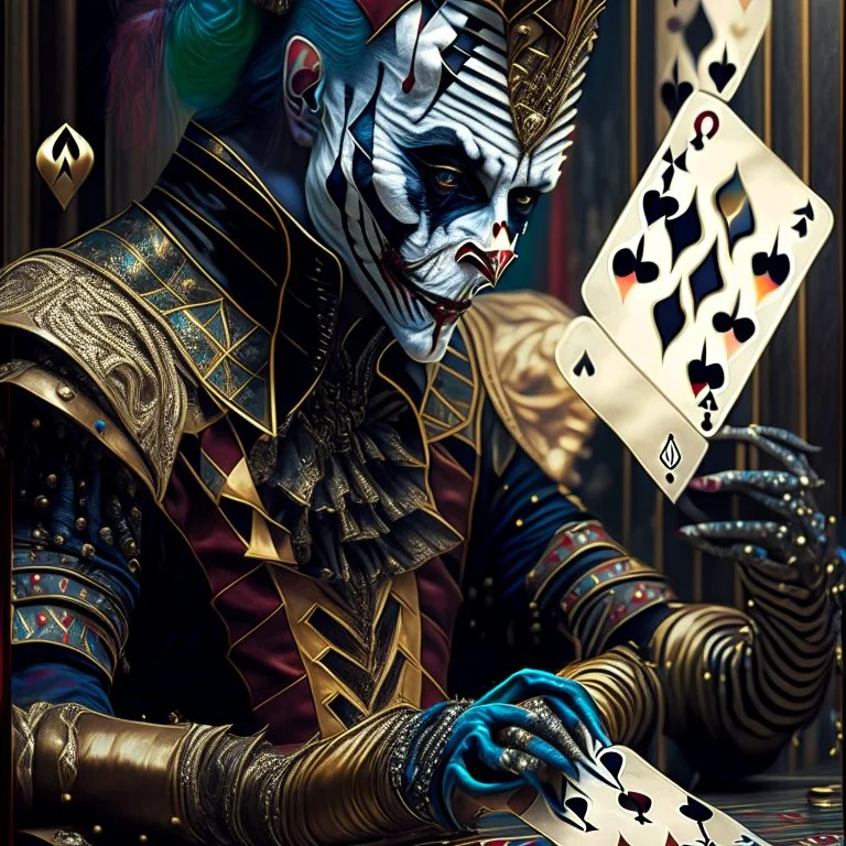 harlequin character, playing cards with other people , sf, intricate artwork masterpiece, ominous, matte painting movie poster, golden ratio, trending on cgsociety, intricate, epic, trending on artstation, by artgerm, h. r. giger and beksinski, highly detailed, vibrant, production cinematic character render, ultra high quality model Modifiers: highly detailed fantasy 8k portrait beautiful dynamic lighting hyperrealistic ultra detailed Unreal Engine colourful hdr cinematic postprocessing acrylic