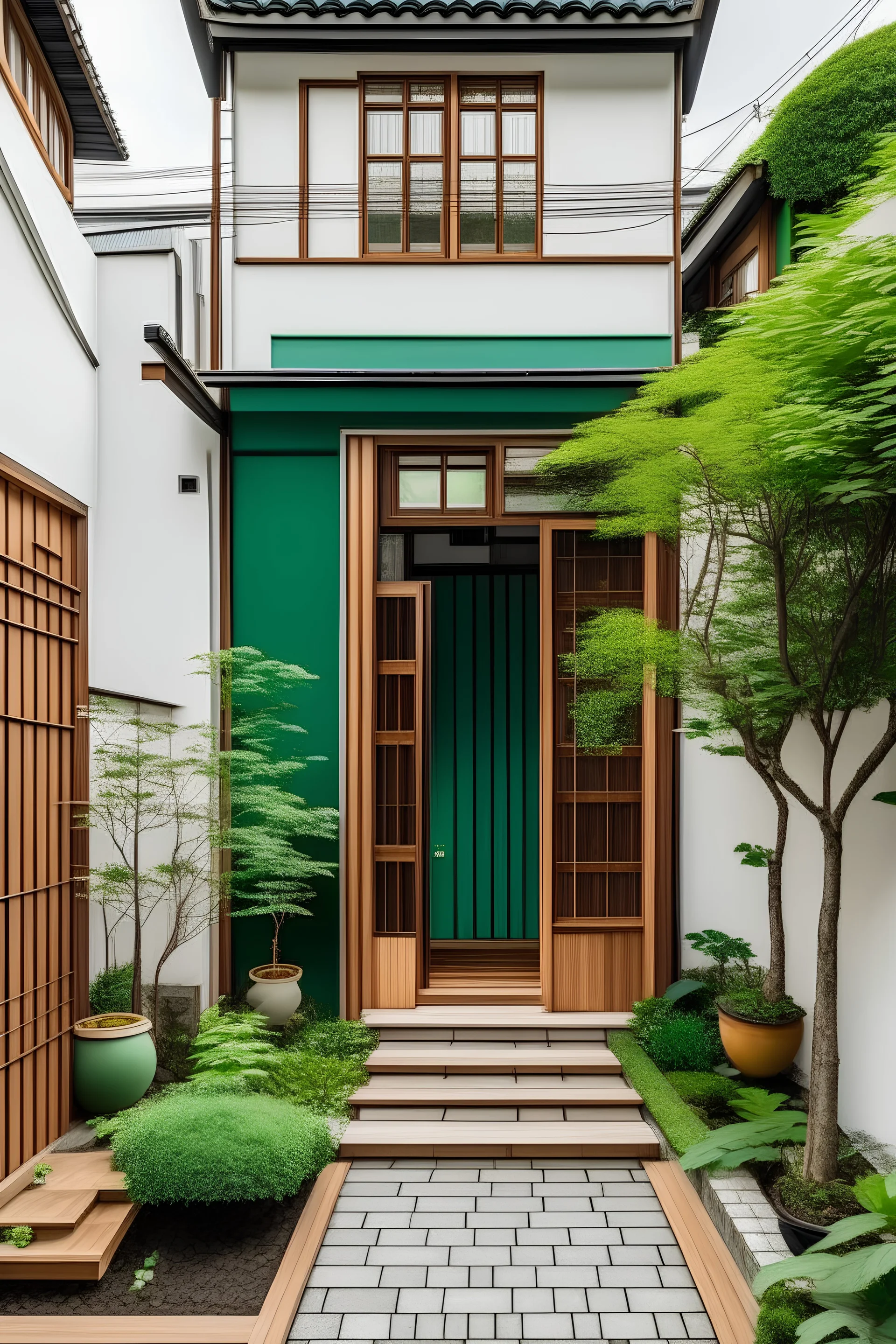 Rumah joglo tinggi dengan kusen kayu jati berteralis pada jendela dengan tembok bercat putih dan daun pintu bercat hijau. Dengan taman rumput jepang dan jalan setapak susunan batu yang indah. Dari luar terlihat susunan batu alam yang indah.