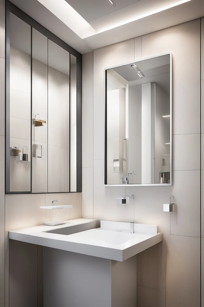 "a sleek and minimalist bathroom design, showcasing a wall-mounted automatic soap dispenser and a stylish contemporary wash basin cabin, inspired by the clean lines of modern architecture, captured with a high-resolution camera, emphasizing the sharp edges and smooth surfaces, minimalist color palette with hints of chrome accents, architectural photography, wide-angle lens to capture the full space, interior design"