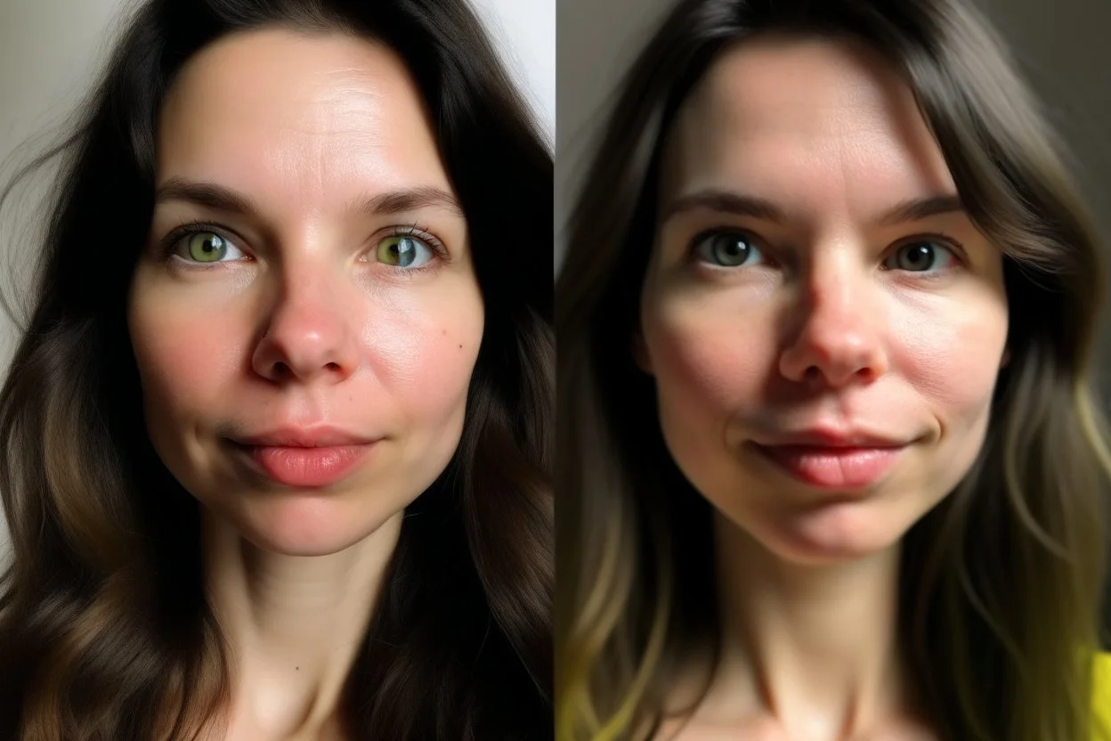 A selfie of a brunette woman, middle long hair, showing a 29-year-old European woman. She has white skin, tousled brown hair, face without makeup, big round dark brown eyes, cute nose, detailed full lips, skin texture. Split screen and show the same face but without wrinkels and younger .