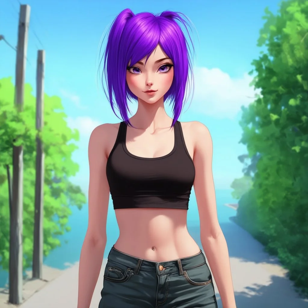 a pretty girl, skinny, relaxed, tank top, purple hair, digital art, stylised