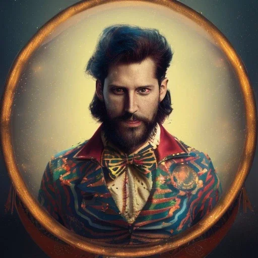 circus, ringleader, portrait, Arthur Kulkov, handsome, Russian, ringleader, muscular, man, strong, detailed matte painting, deep color, fantastical, intricate detail, 8k resolution, concept art portrait by Greg Rutkowski, mystical colors, Golden hour, colorful galaxy foreground, lisa frank fantasy, neon pastel color palette, beautiful colorful interesting detailed storybook fantasy