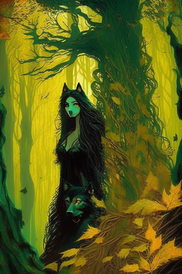 In the heart of a dense and enigmatic forest with towering ancient trees cloaked in emerald, yellow and amber foliage stands an ethereal beauty, her face is perfect, her lustrous hair cascading in ebony waves down to her slender waist she is slowly turning into a tree herself in the background just the crimson eyes of a large demonic dog are visible