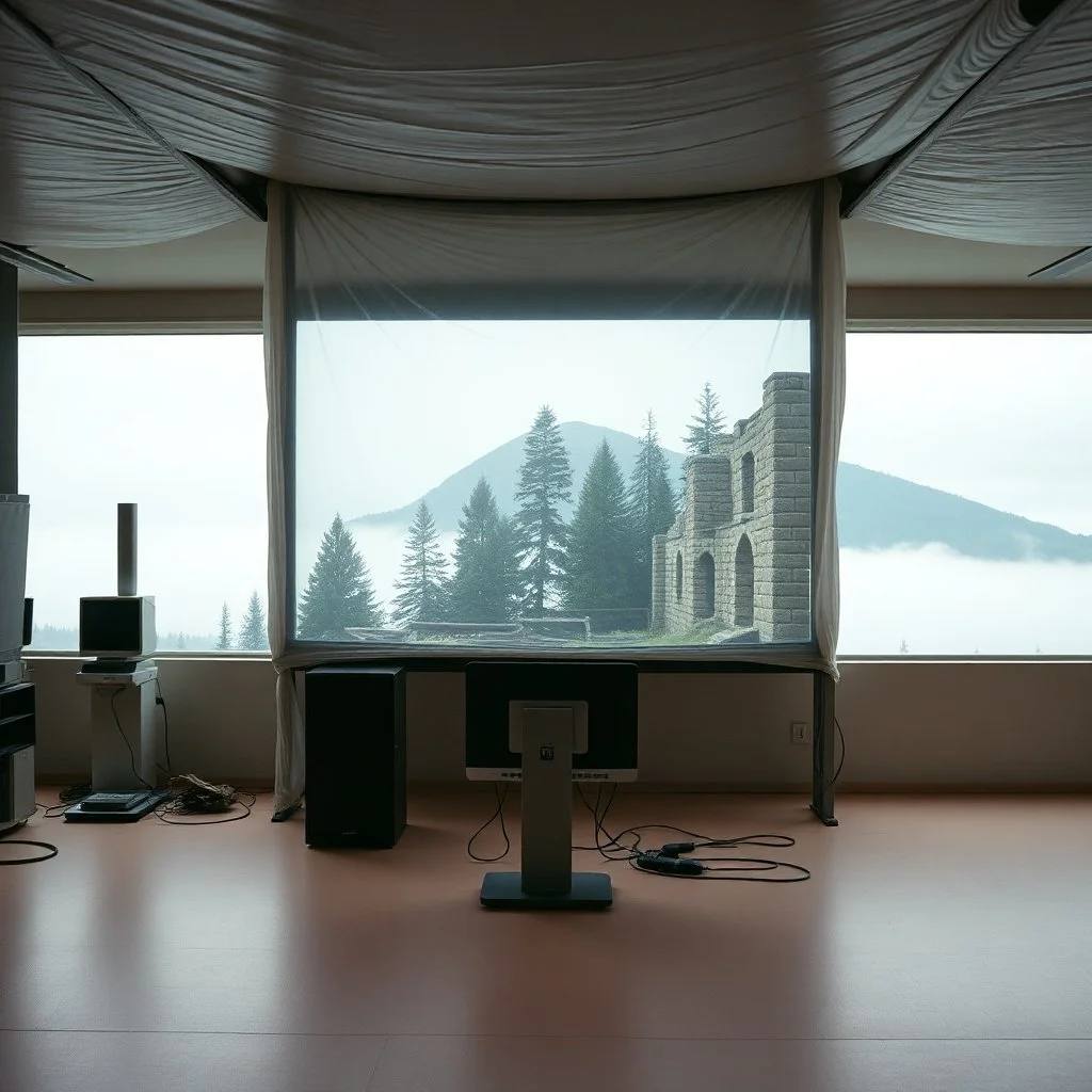 A Hasselblad H6D-400c photo of an odd room with structures and a large computer screen. A transparent tarpaulin covers an image resembling a ruined building. There is a group of fir trees in the background and a high hill in the distance. The surface below is in a pastel color. Fog is present.