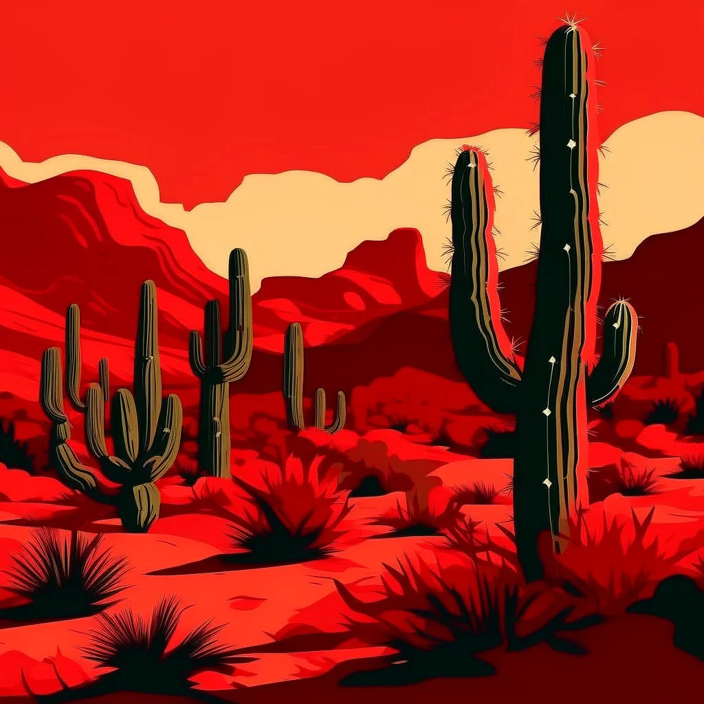 A dark red desert with sizzling cacti in Expressionism art style