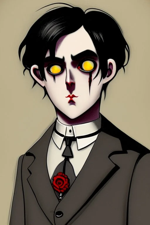 black haired red eyed young man wereratwith gothic jewelry in the style of charles addams