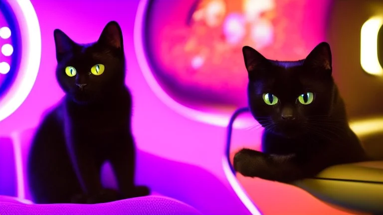 Cute black cat sitting on a gaming chair, in front of a gaming PC table, in a dark room with purple lights and gaming posters, atmospheric, gorgeous, realistic