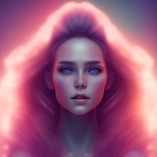 A portrait very beautiful woman ,smiling, longs hairs, atmospheric, realistic, cinematic lighting, pink blue light, 8k, galactic atmosphere, flowers