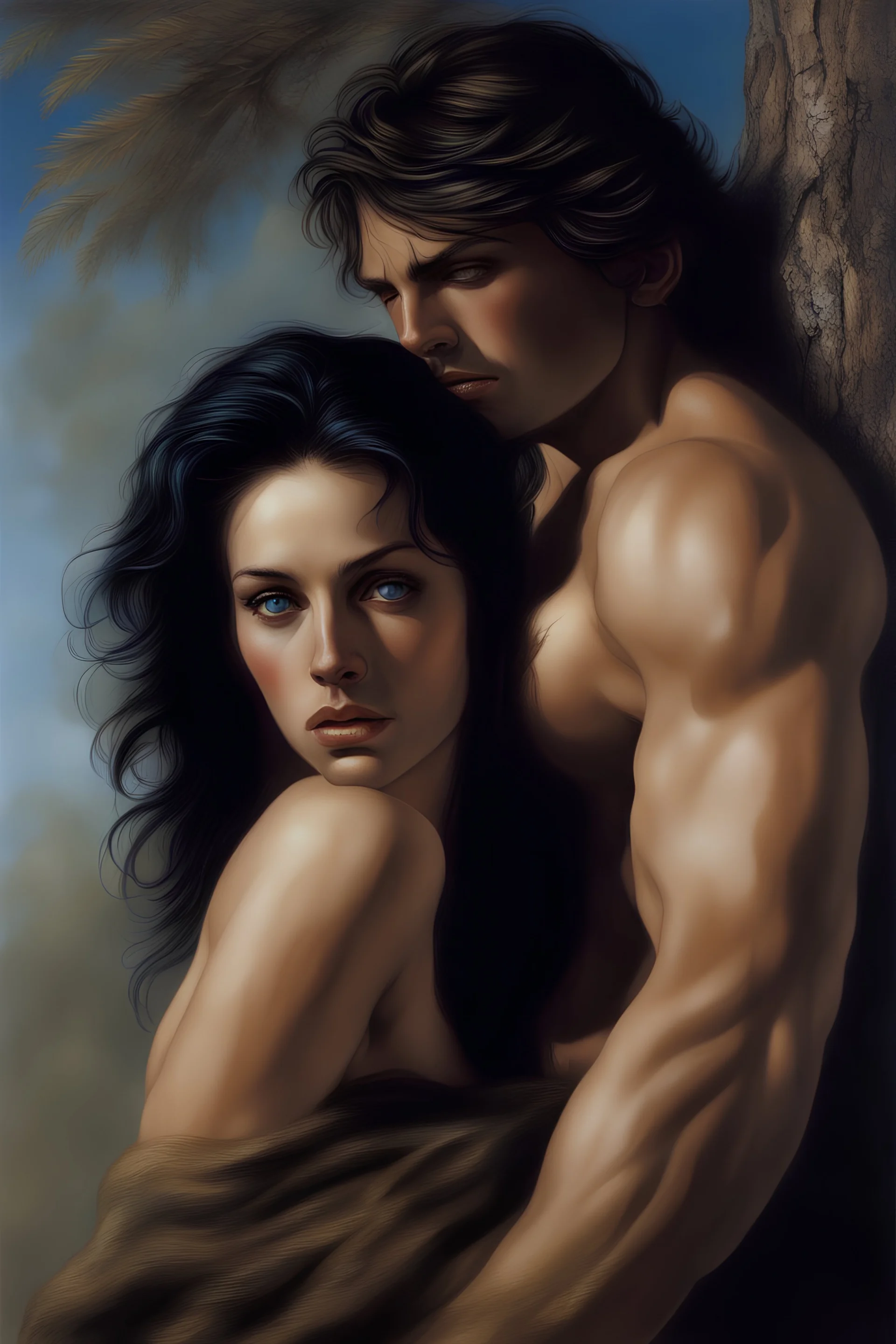 Portrait of Olaf Jorgensen leaning forward against a tree, perfect body, perfect face, perfect eyes, dark hair, glamorous, gorgeous, delicate, romantic, realistic, romanticism, blue tones, Boris Vallejo - daylight Background - blue skies, sunlight - dark, wood panel wall in the background - fire, fog, mist, smoke