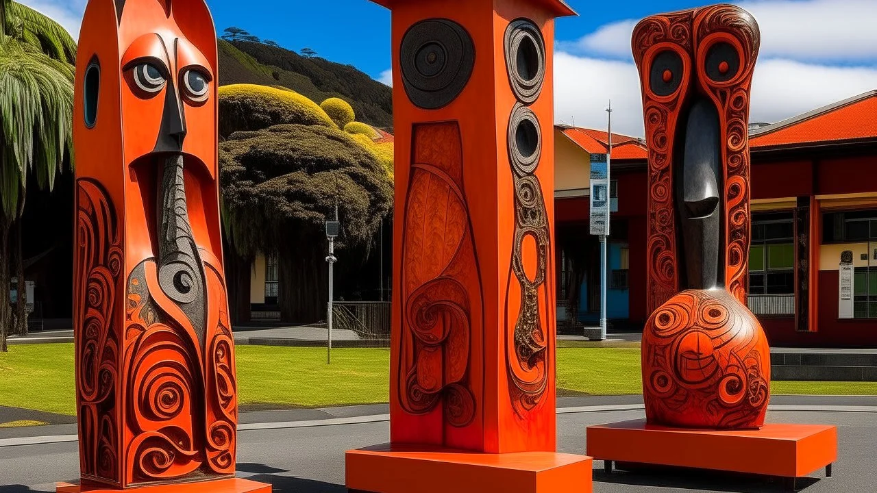 A dark orange colored small town made out jazz instruments designed in Maori sculptures painted by Pablo Picasso