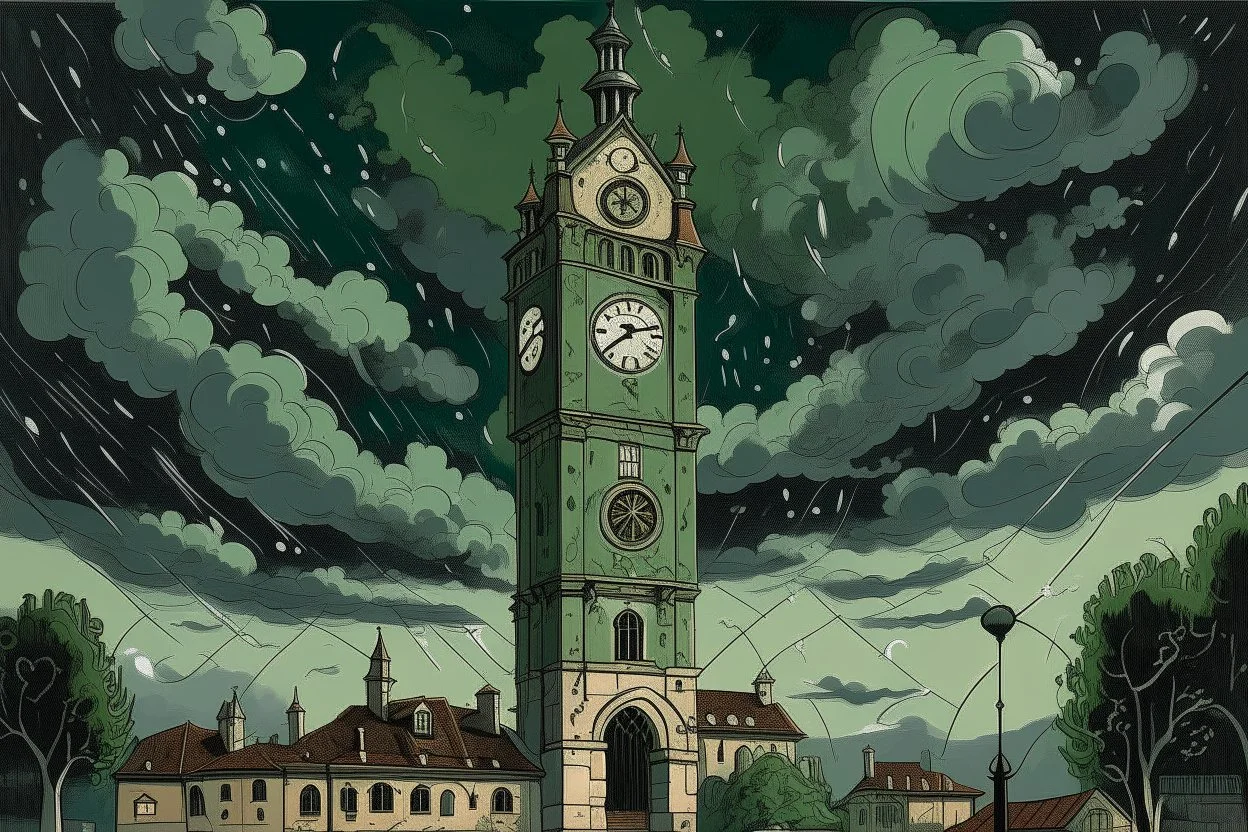 An olive green clock tower in a thunderstorm designed in African masks painted by Alfred Sisley