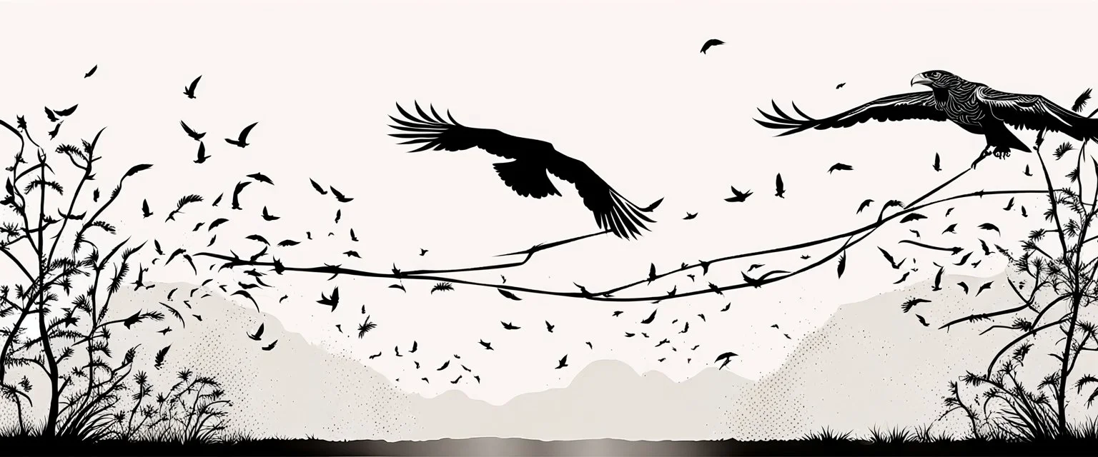 2 birds being chased through the air by an eagle, they each trail a graphic line behind them, and lost feathers, black on white vector