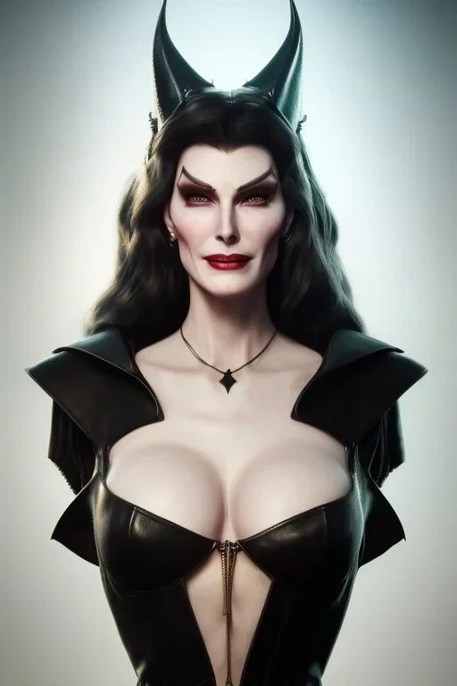 Carmen Dell`orifice as evil queen in black leather, leather, busty, cleavage, angry, stern look. character design by cory loftis, fenghua zhong, ryohei hase, ismail inceoglu and ruan jia. unreal engine 5, artistic lighting, highly detailed, photorealistic, fantasy