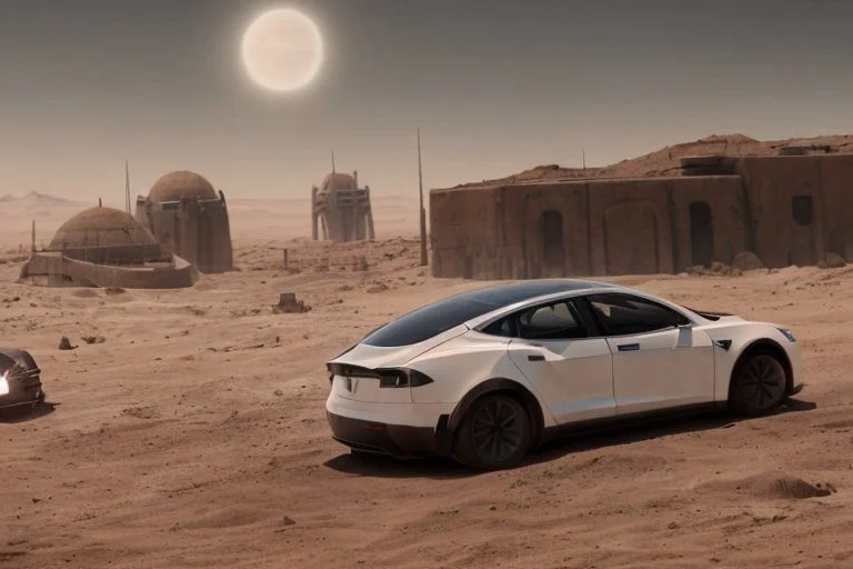 A Tesla 'Model Y' is racing at top speed, in Mos Eisley on the planet Tatooine. (CINEMATIC, WIDE ANGLE LENS, PHOTO REAL)