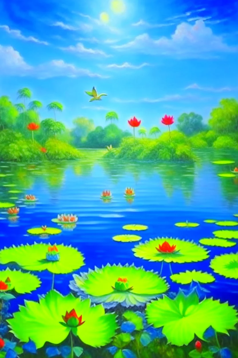 impressionism nature peace communication compassion tranquility water lillies birds blue sky