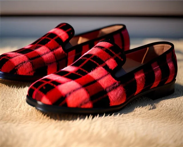 Red plaid slipper on a fur rug