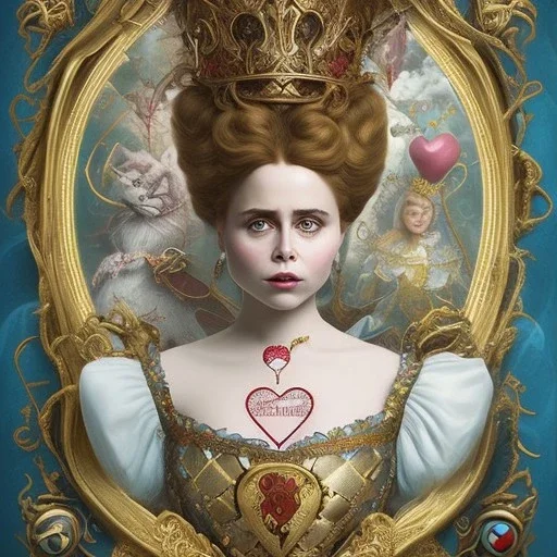 "Queen of Hearts"fat old woman book character of "Alice in the wonderland"Lewis Carroll,Helena Bonham Carter style.Detailed face,detailed Queen of Hearts, detailed eyes, Realistic lighting,elegant dress disney style,sarcastic smile. baroque, intricate patterns, fractalism.style by Disney,Chie Yoshii,earnst haeckel,james jean,tim burton