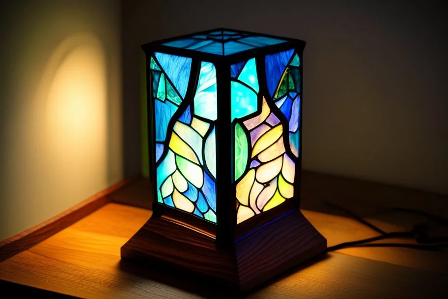 bioluminescent stained glass tyffany lamp on a wooden nightstand