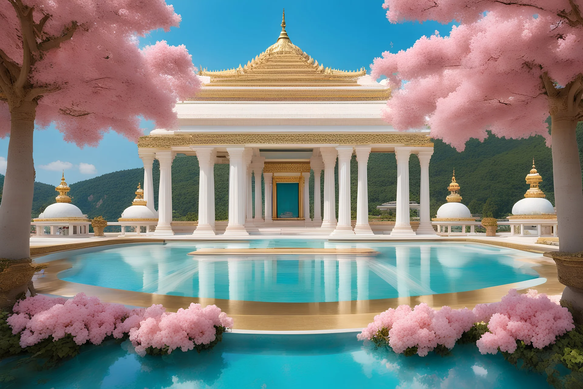 en premier plan des colonnes finement ciselées d'un temple blanc et doré de forme épurée et moderne , finissant par des dômes aux facettes transparentes, et plus loin un bassin doré et bleu avec une eau turquoise, sur les cotés des fleurs roses et blanches et au loin un ciel très bleu. En arrière des collines vertes et boisées Il y a beaucoup de détails au niveau de la nature il y a partout des étincelles de lumière qui volent. ambiance magique et féerique. couleurs douces et lumineuses