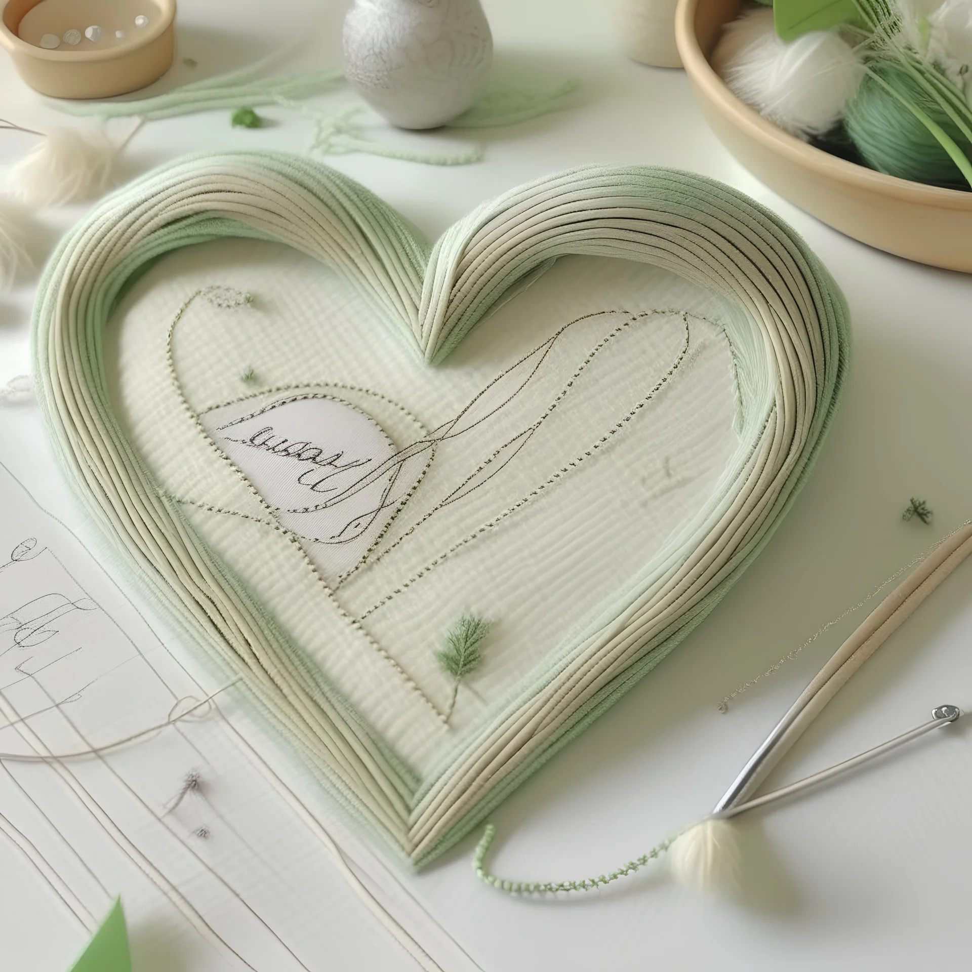 una pequeña aguja e hilo formando un corazón en el que este escrito rincón de las creaciones, en una tipografía suave y delicada, en tonos pastel, que transmita calidez y ternura