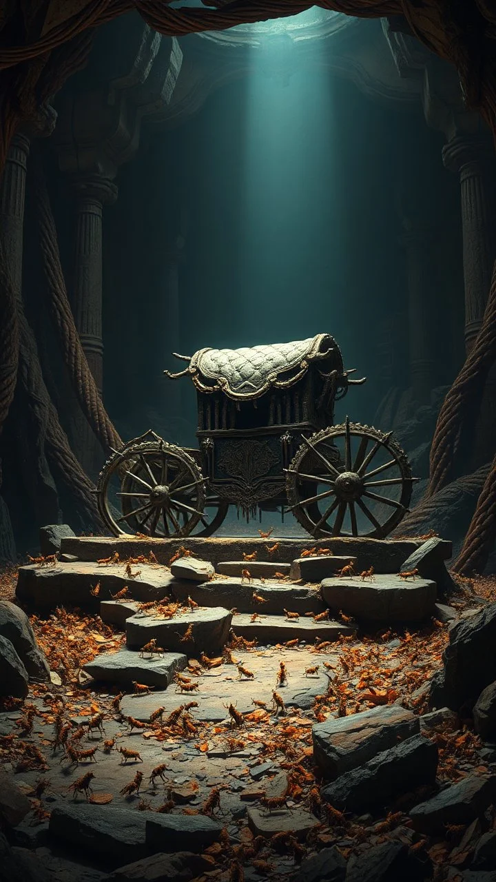 "ancient chariot on a ruined altar, surrounded by tiny insect runes and chitin shards, underground city background, dramatic spotlight, 16:9, high detail, no humans."