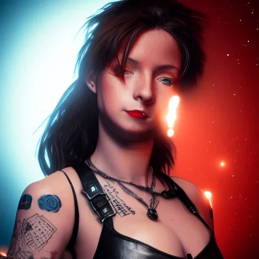 spanish illustrator, hyper realistic, young spanish girl, short hair. blue eyes. red lips. tatoos on neck. dressed in leather and metal bra. Tintoretto. high details, meteor shower. 4k, unreal engine