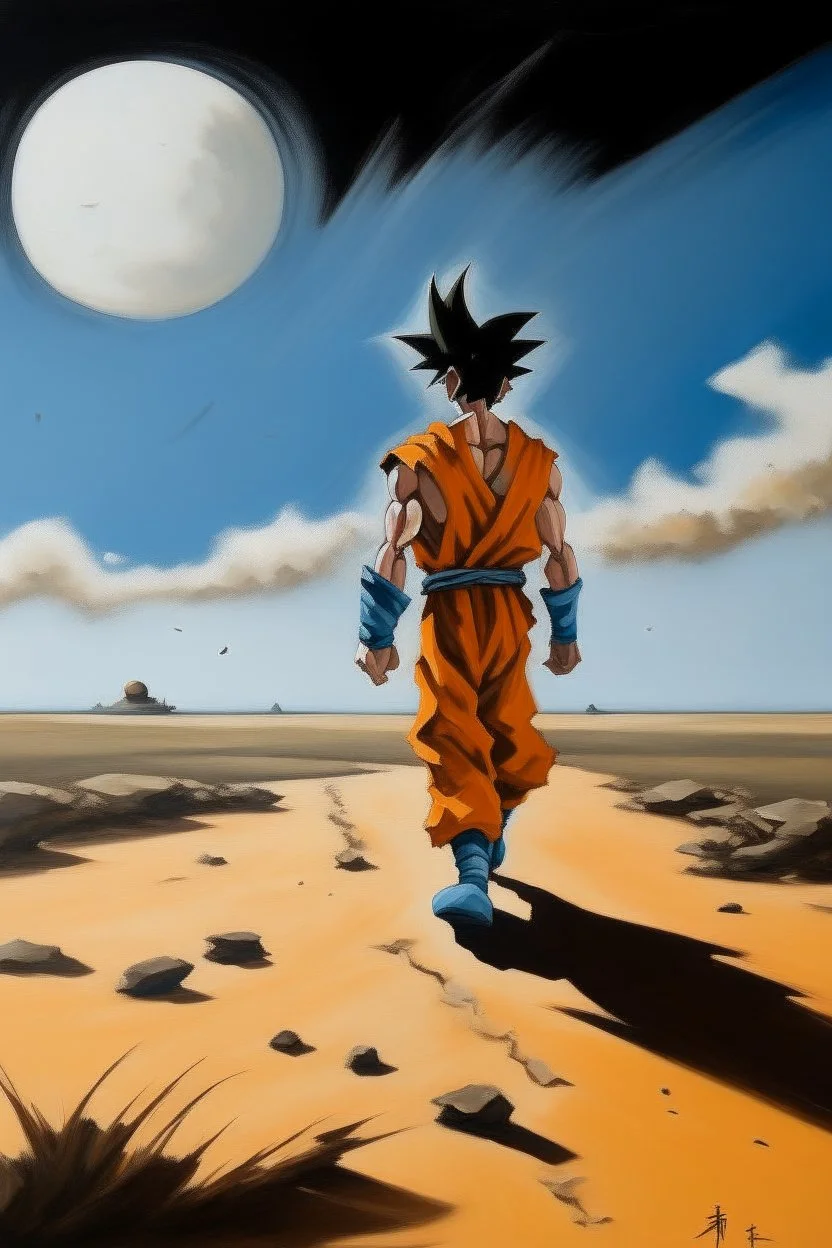 oil painting of goku from dragonball z walking with minimalist far perspective.