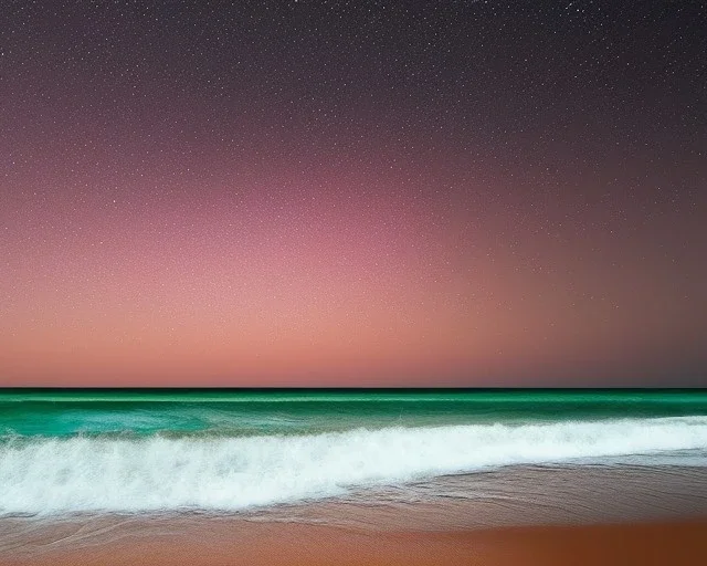 Night, stars, beach, calm, small waves, cool colors