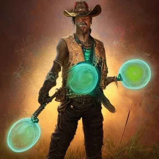 Insanely detailed photograph of an “ a midevil cowboy warrior "with worn Sombrero, handsome charo,cigar,glowing bluish green orb in outstretched hand, hyperdetailed painting by Ismail Inceoglu Huang Guangjian and Dan Witz CGSociety ZBrush Central fantasy art album cover art,8K, hdr, mysterious, flickeringlights ,Stoic