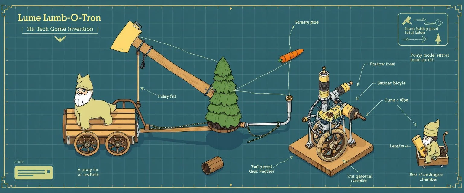isometric blueprint of hi tech metal gear Gnome invention, winning prize at gnome convention, The Lumb-O-Tron A jury-rigged combination of a cart, pulley system, and an axe designed to chop down trees. The motion is powered by {a pony in a wheel treadmill spurred by a carrot on a stick | a crude stationary bicycle | a tiny steam engine heated by a red pseudodragon in the chamber}