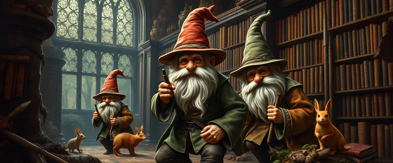 master oil painting by Rembrandt, magia spy gnomes soap opera poster, huge archeive, library, woodland creatures