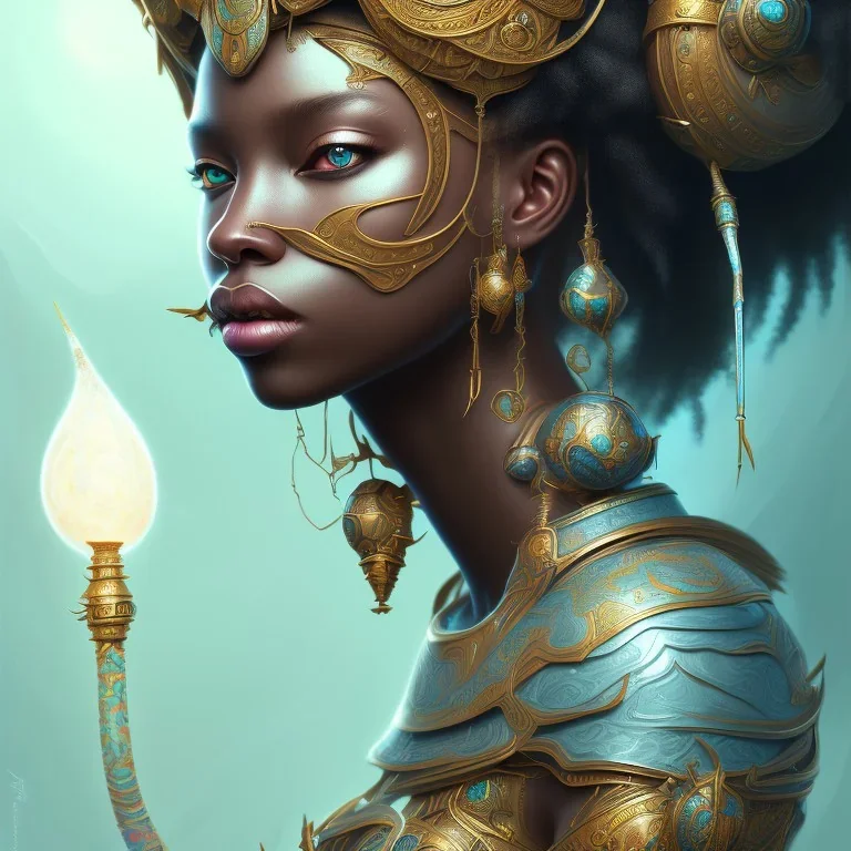 sango fantasy, fantasy magic, intricate, sharp focus, illustration, highly detailed, digital painting, concept art, matte, masterpiece head sexy view black African beauty black afro hair space lady turquoise tiger skin African one head Samari princess