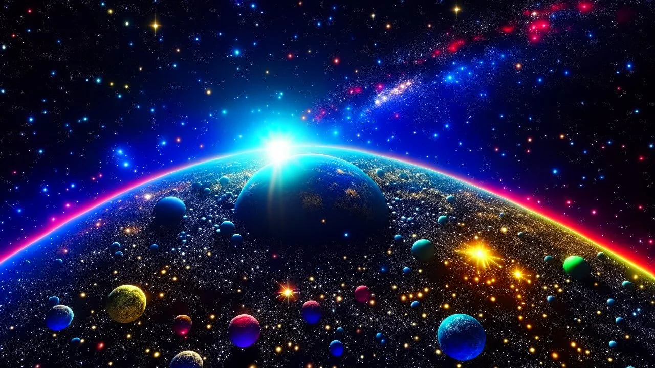 The image presents a beautiful glimpse of the universe and its various components. In the background, we can see a sky filled with shimmering stars, indicating our immersion in the world of astronomy. In the foreground, a planet glows with its unique brilliance, and its details are clearly visible. The light of the stars and the planet appears in multiple colors, creating a enchanting scene that always reminds us of the beauty and magnificence of the cosmos and the significance of astronomy in u