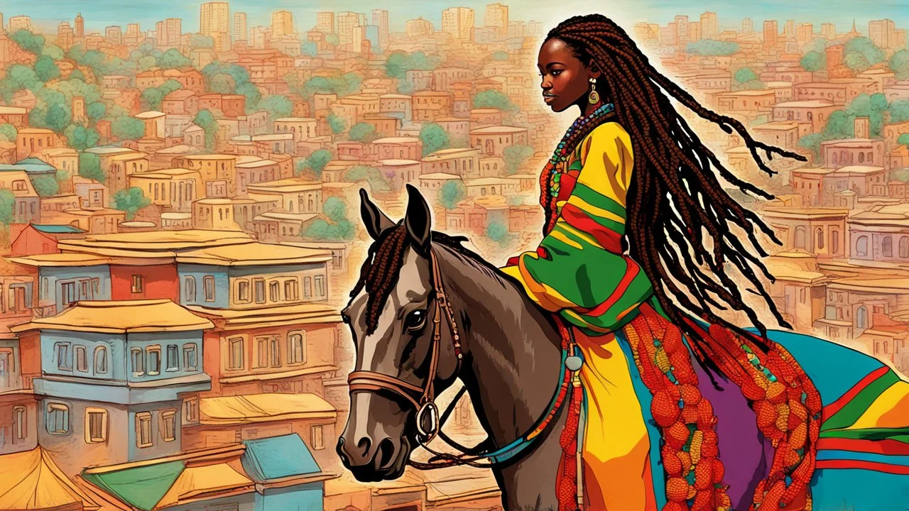 "I'm envisioning a captivating scene featuring an Ethiopian local girl with dreadlocks riding a horse in the city. The backdrop is a vibrant Ethiopian cityscape, seamlessly blending traditional and modern elements. The girl, adorned in colorful and traditional clothing, proudly displays beautiful dreadlocks adorned with beads and accessories. She skillfully rides a horse through the bustling city streets, with the horse adorned in traditional Ethiopian fabric and beaded decorations. The surround